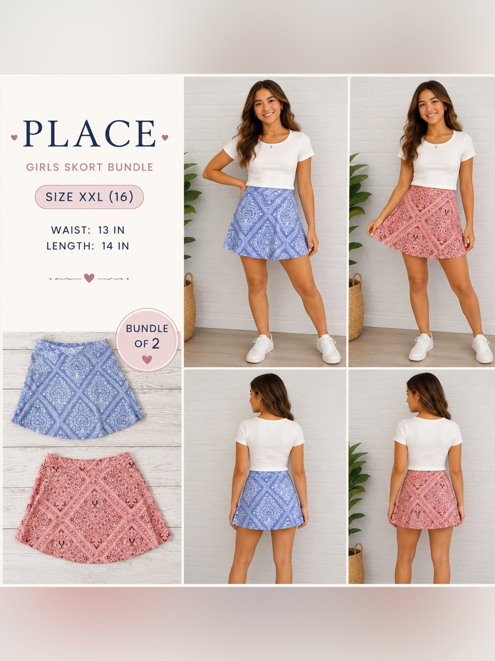 Bundle of 2 PLACE Girls Paisley Skorts Size XXL (16) Blue Pink Cotton Blend
